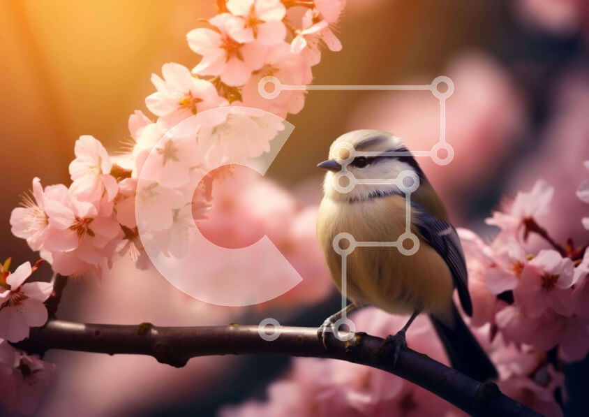 Intra Συλλεκτικό Ξύλινο Παζλ Plywood  4mm - Μικρό πουλί σε ροζ άνθη κερασιάς κλαδί Σε Ξύλινο Κουτί - Διαστάσεις: 10x10 cm – 25 κομμάτια