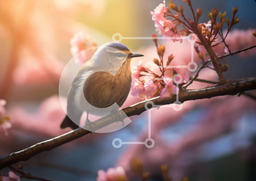 Intra Συλλεκτικό Ξύλινο Παζλ Plywood  4mm - Γκρίζο πουλί σε ροζ ανθισμένο δέντρο Σε Ξύλινο Κουτί - Διαστάσεις: 10x10 cm – 25 κομμάτια