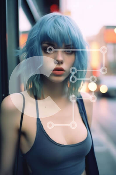 Intra Συλλεκτικό Ξύλινο Παζλ Plywood  4mm - Νεαρή γυναίκα με μπλε μαλλιά στην οδό της πόλης Σε Ξύλινο Κουτί - Διαστάσεις Puzzle: 10x10 cm – 25 κομμάτια