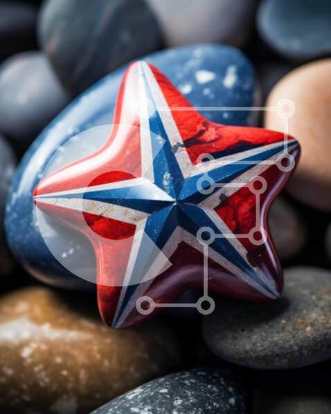 Intra Συλλεκτικό Ξύλινο Παζλ Plywood  4mm - Κόκκινο, λευκό και μπλε αντικείμενο σε σχήμα αστεριού σε βότσαλα Σε Ξύλινο Κουτί - Διαστάσεις: 10x10 cm – 25 κομμάτια