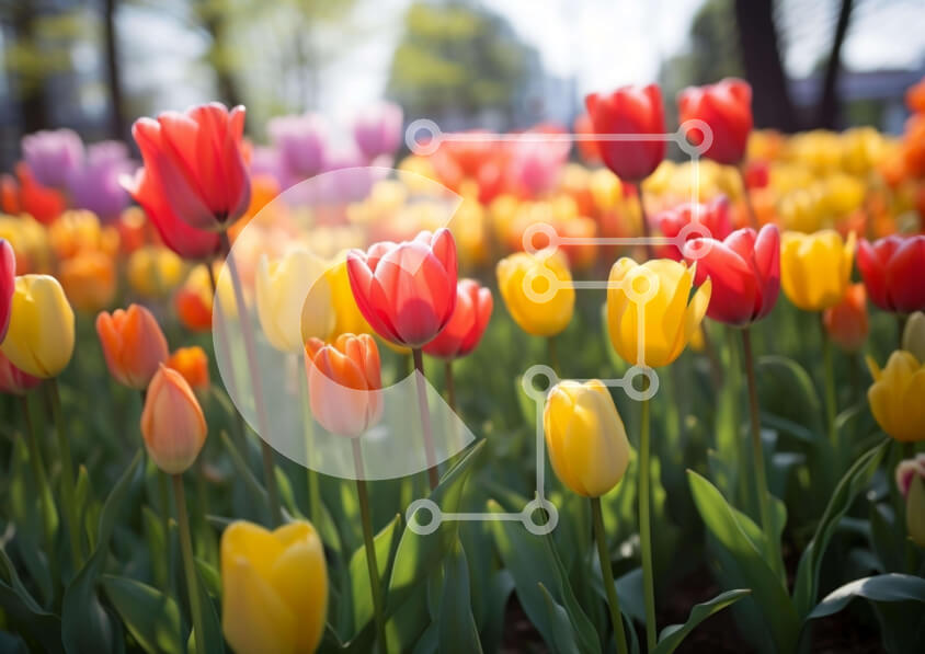 Intra Συλλεκτικό Ξύλινο Παζλ Plywood  4mm - Πεδίο με πολύχρωμες τουλίπες την άνοιξη Σε Ξύλινο Κουτί - Διαστάσεις: 10x10 cm – 25 κομμάτια