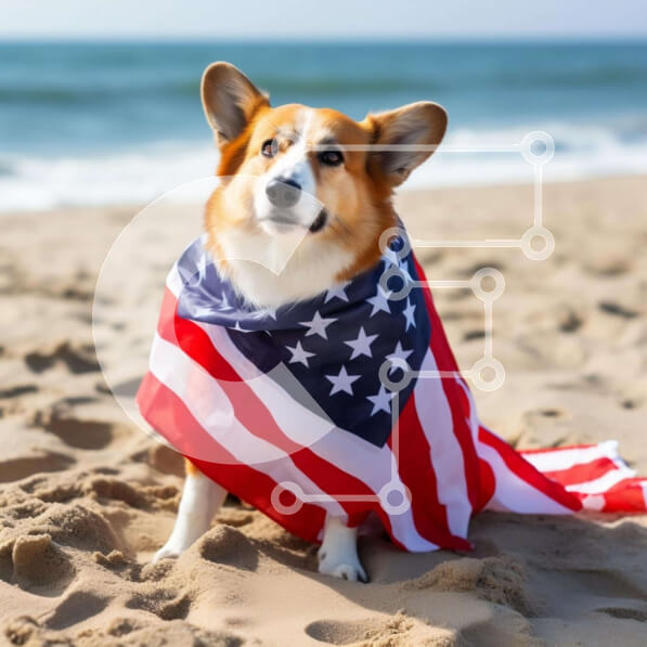 Intra Συλλεκτικό Ξύλινο Παζλ Plywood  4mm - Μικρό σκυλί τυλιγμένο με αμερικανική σημαία στην παραλία Σε Ξύλινο Κουτί - Διαστάσεις: 10x10 cm – 25 κομμάτια