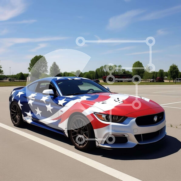 Intra Συλλεκτικό Ξύλινο Παζλ Plywood  4mm - Κόκκινο, λευκό και μπλε σπορ αυτοκίνητο με σχέδιο αμερικανικής σημαίας Σε Ξύλινο Κουτί - Διαστάσεις Puzzle: 10x10 cm – 25 κομμάτια