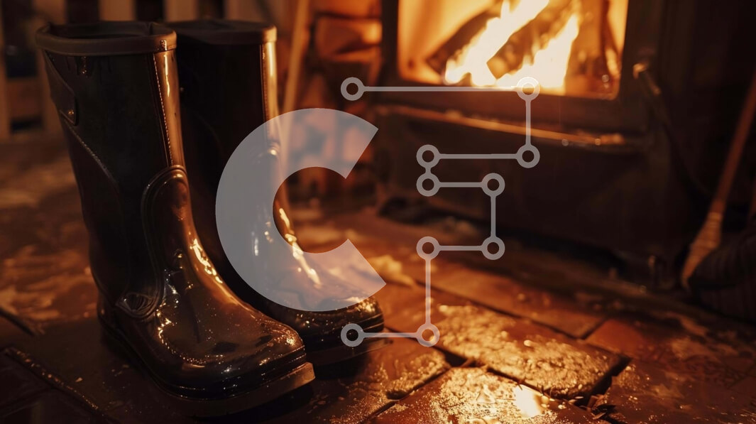 Intra Συλλεκτικό Ξύλινο Παζλ Plywood  4mm - Μαύρες μπότες βροχής δίπλα στο τζάκι Σε Ξύλινο Κουτί - Διαστάσεις: 10x10 cm – 25 κομμάτια