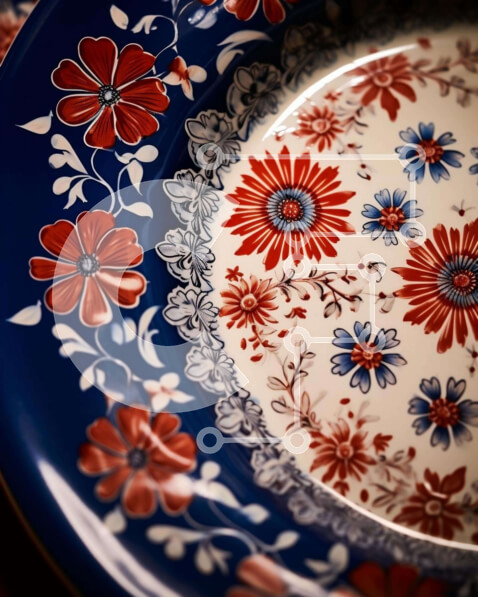 Intra Συλλεκτικό Ξύλινο Παζλ Plywood  4mm - Μπλε, κόκκινο και λευκό floral πιάτο στο τραπέζι Σε Ξύλινο Κουτί - Διαστάσεις: 10x10 cm – 25 κομμάτια