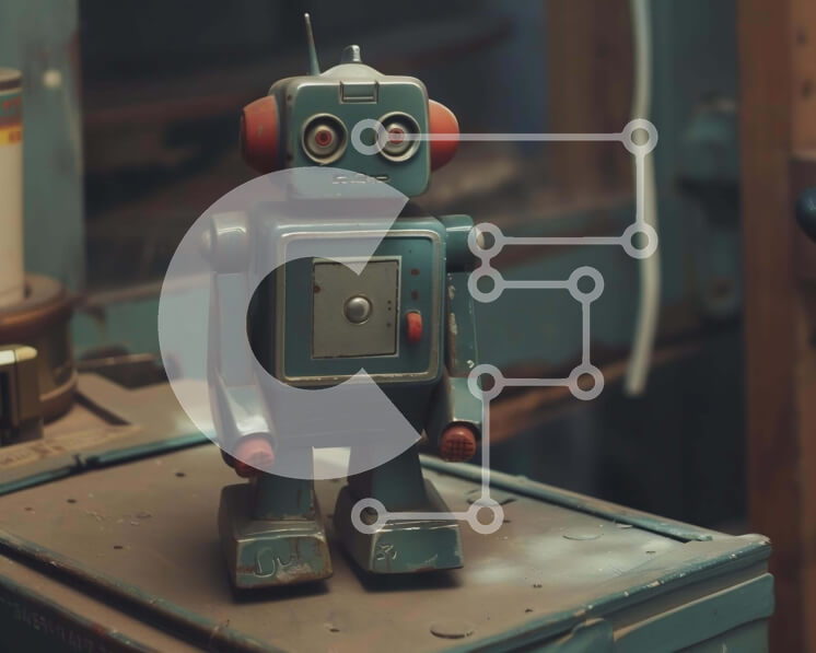 Intra Συλλεκτικό Ξύλινο Παζλ Plywood  4mm - Μικρό ρετρό ρομπότ σε παλιό ξύλινο τραπέζι Σε Ξύλινο Κουτί - Διαστάσεις: 10x10 cm – 25 κομμάτια