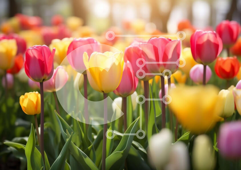 Intra Συλλεκτικό Ξύλινο Παζλ Plywood  4mm - Πεδίο με πολύχρωμες τουλίπες στην ανοιξιάτικη άνθιση Σε Ξύλινο Κουτί - Διαστάσεις: 10x10 cm – 25 κομμάτια