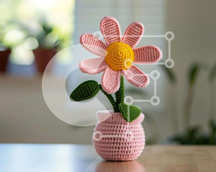 Intra Συλλεκτικό Ξύλινο Παζλ Plywood  4mm - Κροσέ ροζ λουλούδι σε βάζο Σε Ξύλινο Κουτί - Διαστάσεις: 10x10 cm – 25 κομμάτια