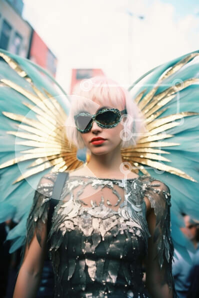 Intra Συλλεκτικό Ξύλινο Παζλ Plywood  4mm - Μοντέρνα γυναίκα με μπλε φόρεμα με χρυσά φτερά και γυαλιά ηλίου Σε Ξύλινο Κουτί - Διαστάσεις Puzzle: 10x10 cm – 25 κομμάτια