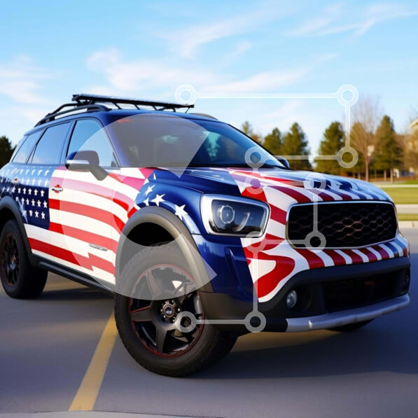 Intra Συλλεκτικό Ξύλινο Παζλ Plywood  4mm - Κόκκινο, λευκό και μπλε μίνι βαν με σχέδιο αμερικανικής σημαίας Σε Ξύλινο Κουτί - Διαστάσεις Puzzle: 10x10 cm – 25 κομμάτια