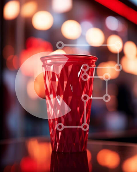 Intra Συλλεκτικό Ξύλινο Παζλ Plywood  4mm - Κόκκινο πλαστικό κύπελλο στο τραπέζι Σε Ξύλινο Κουτί - Διαστάσεις: 10x10 cm – 25 κομμάτια