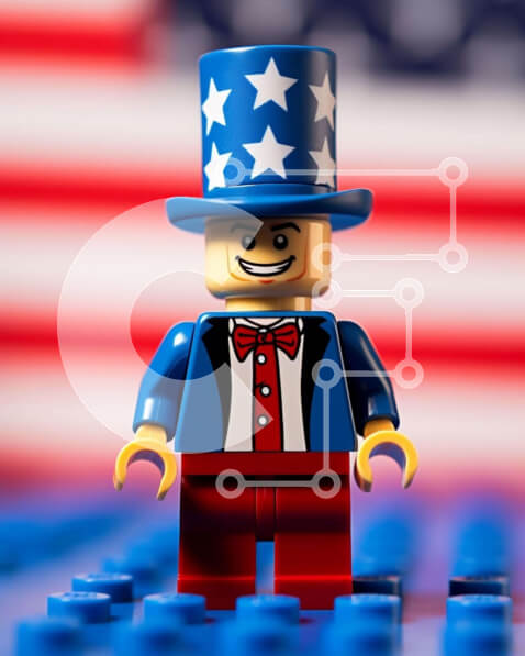 Intra Συλλεκτικό Ξύλινο Παζλ Plywood  4mm - Φιγούρα Lego που γιορτάζει με στολή αμερικανικής σημαίας Σε Ξύλινο Κουτί - Διαστάσεις Puzzle: 10x10 cm – 25 κομμάτια