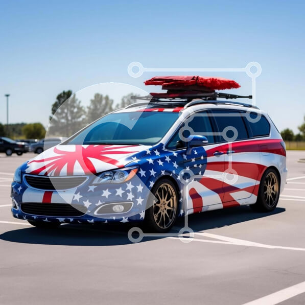 Intra Συλλεκτικό Ξύλινο Παζλ Plywood  4mm - Κόκκινο, λευκό και μπλε αυτοκίνητο με αμερικανική σημαία και σανίδα του σερφ Σε Ξύλινο Κουτί - Διαστάσεις Puzzle: 10x10 cm – 25 κομμάτια