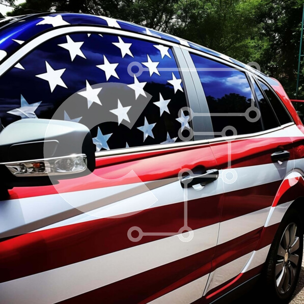 Intra Συλλεκτικό Ξύλινο Παζλ Plywood  4mm - Κόκκινο, λευκό και μπλε αυτοκίνητο με αμερικανική σημαία Σε Ξύλινο Κουτί - Διαστάσεις Puzzle: 10x10 cm – 25 κομμάτια