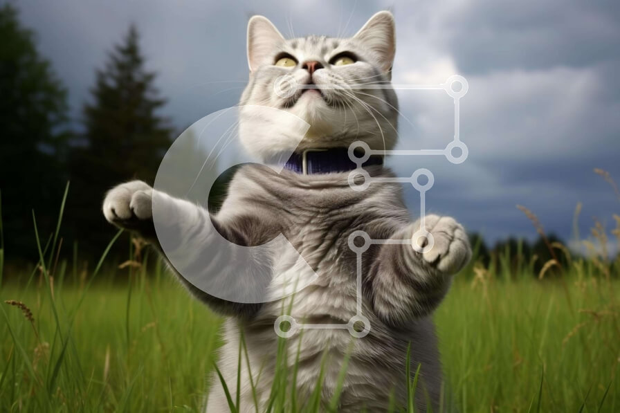 Σετ των 2 Intra Συλλεκτικό Ξύλινο Παζλ Plywood  4mm - Γκρίζα γάτα που στέκεται στη χλόη Σε Ξύλινο Κουτί - Διαστάσεις: 10x10 cm – 25 κομμάτια