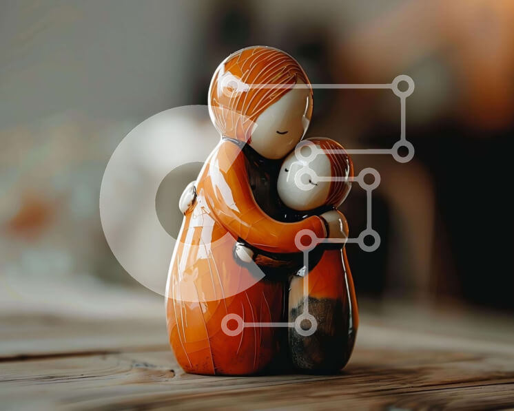 Intra Συλλεκτικό Ξύλινο Παζλ Plywood  4mm - Μικρό πορτοκαλί ειδώλιο γυναίκας που αγκαλιάζει το παιδί Σε Ξύλινο Κουτί - Διαστάσεις: 10x10 cm – 25 κομμάτια