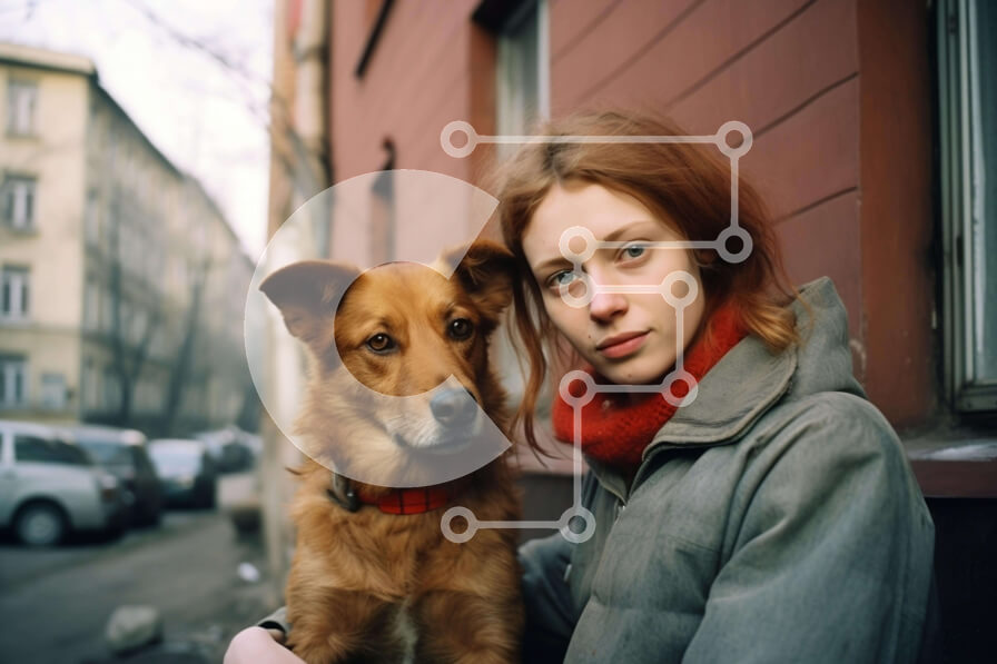 Intra Συλλεκτικό Ξύλινο Παζλ Plywood  4mm - Νεαρή γυναίκα με καφέ σκύλο μπροστά από την πολυκατοικία Σε Ξύλινο Κουτί - Διαστάσεις Puzzle: 10x10 cm – 25 κομμάτια