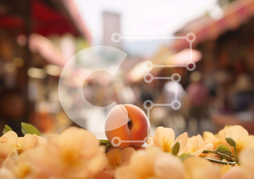 Intra Συλλεκτικό Ξύλινο Παζλ Plywood  4mm - Πορτοκαλί ροδάκινο σε κίτρινα λουλούδια σε μια υπαίθρια αγορά Σε Ξύλινο Κουτί - Διαστάσεις: 10x10 cm – 25 κομμάτια