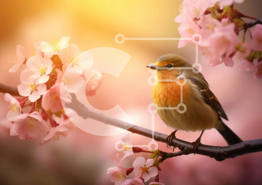 Intra Συλλεκτικό Ξύλινο Παζλ Plywood  4mm - Ήσυχη σκηνή: Μικρό πουλί σε κλαδί από ροζ άνθη Σε Ξύλινο Κουτί - Διαστάσεις: 10x10 cm – 25 κομμάτια