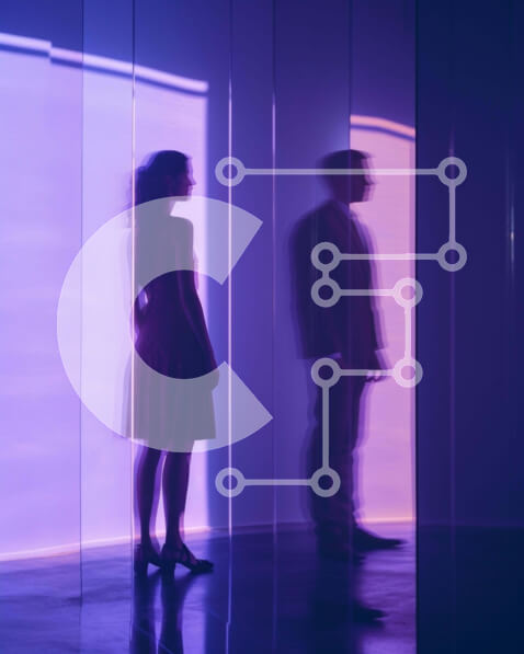 Intra Συλλεκτικό Ξύλινο Παζλ Plywood  4mm - Άνδρας και γυναίκα σιλουέτα ενάντια σε μωβ τοίχους Σε Ξύλινο Κουτί - Διαστάσεις Puzzle: 10x10 cm – 25 κομμάτια