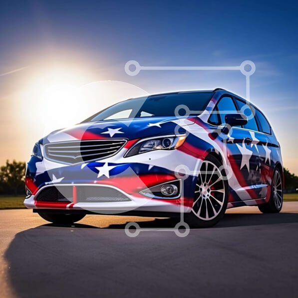 Intra Συλλεκτικό Ξύλινο Παζλ Plywood  4mm - Πατριωτικό μίνι βαν με αμερικανική σημαία Σε Ξύλινο Κουτί - Διαστάσεις Puzzle: 10x10 cm – 25 κομμάτια