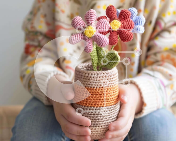 Intra Συλλεκτικό Ξύλινο Παζλ Plywood  4mm - Παιδί που κρατά κροσέ βάζο λουλουδιών Σε Ξύλινο Κουτί - Διαστάσεις Puzzle: 10x10 cm – 25 κομμάτια