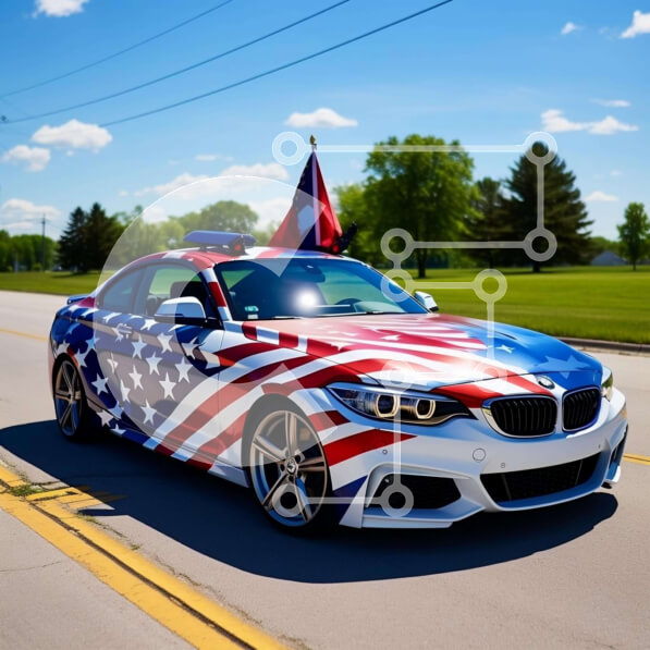 Intra Συλλεκτικό Ξύλινο Παζλ Plywood  4mm - Αυτοκίνητο με αμερικανική σημαία που οδηγεί στο δρόμο Σε Ξύλινο Κουτί - Διαστάσεις Puzzle: 10x10 cm – 25 κομμάτια