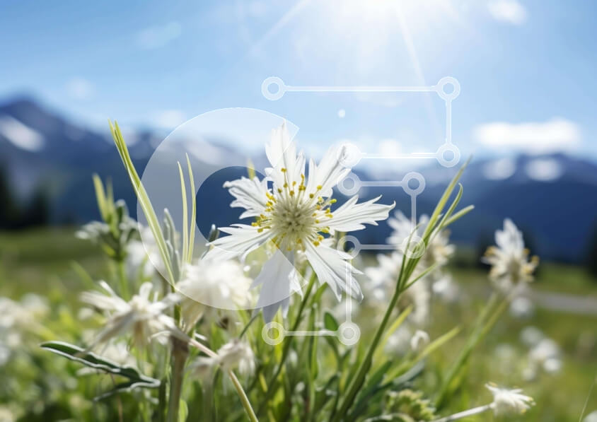 Intra Συλλεκτικό Ξύλινο Παζλ Plywood  4mm - Λευκό λουλούδι στο Λιβάδι με φόντο το βουνό Σε Ξύλινο Κουτί - Διαστάσεις: 10x10 cm – 25 κομμάτια