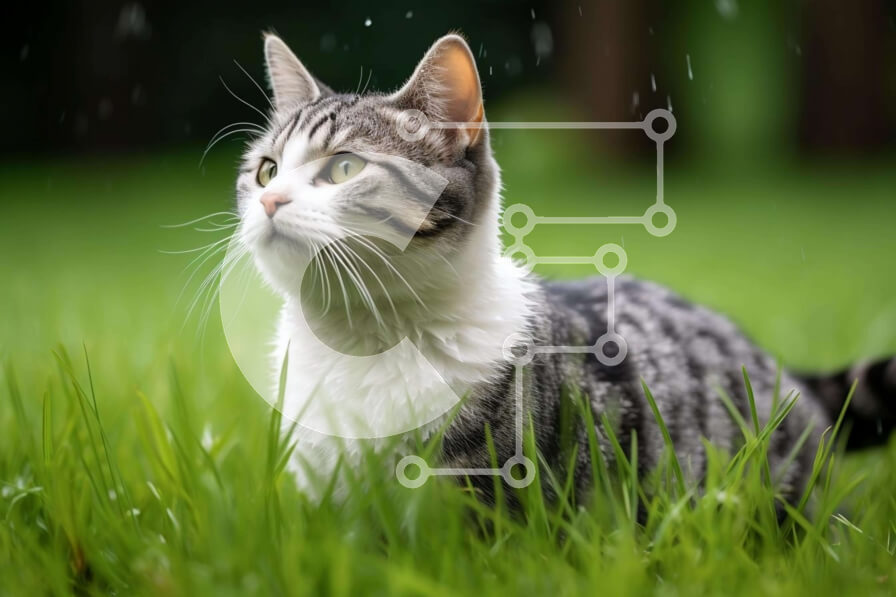 Σετ των 2 Intra Συλλεκτικό Ξύλινο Παζλ Plywood  4mm - Γκρι και άσπρη γάτα στο γρασίδι με σταγόνες βροχής Σε Ξύλινο Κουτί - Διαστάσεις: 10x10 cm – 25 κομμάτια