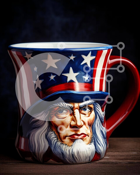 Intra Συλλεκτικό Ξύλινο Παζλ Plywood  4mm - Πατριωτική κούπα καφέ με το πρόσωπο και τις σημαίες του θείου Σαμ Σε Ξύλινο Κουτί - Διαστάσεις Puzzle: 10x10 cm – 25 κομμάτια