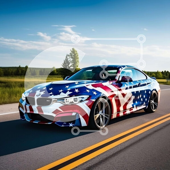 Intra Συλλεκτικό Ξύλινο Παζλ Plywood  4mm - Αυτοκίνητο BMW με αμερικανική σημαία που οδηγεί στο δρόμο Σε Ξύλινο Κουτί - Διαστάσεις Puzzle: 10x10 cm – 25 κομμάτια