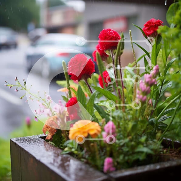 Intra Συλλεκτικό Ξύλινο Παζλ Plywood  4mm - Πολύχρωμα λουλούδια  Σε Ξύλινο Κουτί με βροχή και αυτοκίνητο που περνάει Σε Ξύλινο Κουτί - Διαστάσεις: 10x10 cm – 25 κομμάτια