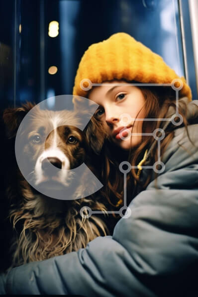 Intra Συλλεκτικό Ξύλινο Παζλ Plywood  4mm - Νεαρή γυναίκα που αγκαλιάζει τον καφέ και λευκό σκύλο Σε Ξύλινο Κουτί - Διαστάσεις Puzzle: 10x10 cm – 25 κομμάτια