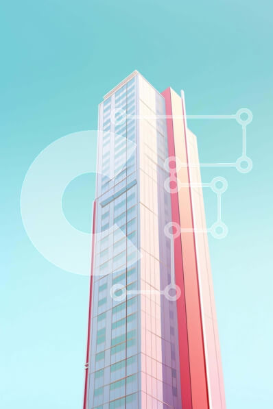 Intra Συλλεκτικό Ξύλινο Παζλ Plywood  4mm - Αφηρημένο πολυώροφο κτίριο σε χρώματα κόκκινο, ροζ και μπλε Σε Ξύλινο Κουτί - Διαστάσεις Puzzle: 10x10 cm – 25 κομμάτια