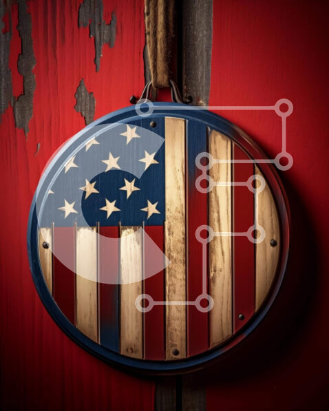 Intra Συλλεκτικό Ξύλινο Παζλ Plywood  4mm - Τηγάνι σε σχήμα αμερικανικής σημαίας σε κόκκινο ξύλινο τοίχο Σε Ξύλινο Κουτί - Διαστάσεις Puzzle: 10x10 cm – 25 κομμάτια