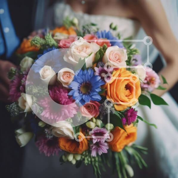 Intra Συλλεκτικό Ξύλινο Παζλ Plywood  4mm - Η νύφη και ο γαμπρός κρατούν πολύχρωμο μπουκέτο λουλουδιών Σε Ξύλινο Κουτί - Διαστάσεις Puzzle: 10x10 cm – 25 κομμάτια