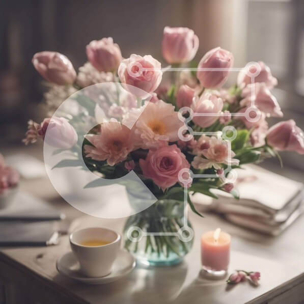 Σετ των 2 Intra Συλλεκτικό Ξύλινο Παζλ Plywood  4mm - Γυάλινο βάζο με ροζ τριαντάφυλλα και φλιτζάνια τσαγιού στο τραπέζι Σε Ξύλινο Κουτί - Διαστάσεις: 10x10 cm – 25 κομμάτια