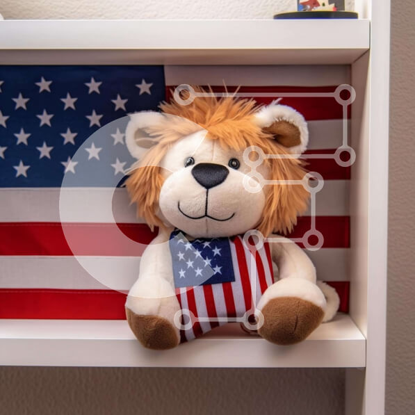 Intra Συλλεκτικό Ξύλινο Παζλ Plywood  4mm - Γεμιστό λιοντάρι με αμερικανική σημαία στο λευκό ράφι Σε Ξύλινο Κουτί - Διαστάσεις: 10x10 cm – 25 κομμάτια