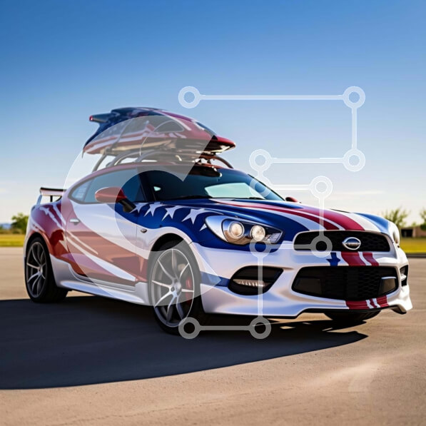 Intra Συλλεκτικό Ξύλινο Παζλ Plywood  4mm - Κόκκινο, λευκό και μπλε σπορ αυτοκίνητο με σανίδα του σερφ Σε Ξύλινο Κουτί - Διαστάσεις Puzzle: 10x10 cm – 25 κομμάτια