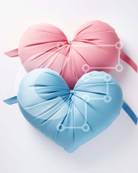 Intra Συλλεκτικό Ξύλινο Παζλ Plywood  4mm - Ροζ και μπλε μαξιλάρια σε σχήμα καρδιάς σε λευκό φόντο Σε Ξύλινο Κουτί - Διαστάσεις Puzzle: 10x10 cm – 25 κομμάτια