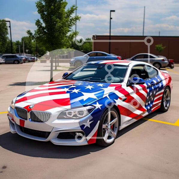 Intra Συλλεκτικό Ξύλινο Παζλ Plywood  4mm - Κόκκινο, λευκό και μπλε αυτοκίνητο με διακόσμηση αμερικανικής σημαίας Σε Ξύλινο Κουτί - Διαστάσεις Puzzle: 10x10 cm – 25 κομμάτια