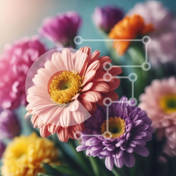 Intra Συλλεκτικό Ξύλινο Παζλ Plywood  4mm - Ζωντανό μπουκέτο από ροζ, μωβ και κίτρινες μαργαρίτες Σε Ξύλινο Κουτί - Διαστάσεις: 10x10 cm – 25 κομμάτια