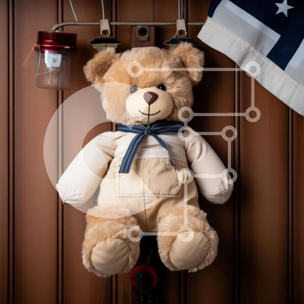 Intra Συλλεκτικό Ξύλινο Παζλ Plywood  4mm - Αρκουδάκι κρεμασμένο στον τοίχο με αμερικανική σημαία και αντικείμενα Σε Ξύλινο Κουτί - Διαστάσεις: 10x10 cm – 25 κομμάτια