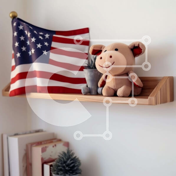 Intra Συλλεκτικό Ξύλινο Παζλ Plywood  4mm - Ξύλινο ράφι με αμερικανική σημαία και γεμιστό γουρούνι Σε Ξύλινο Κουτί - Διαστάσεις: 10x10 cm – 25 κομμάτια