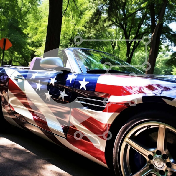 Intra Συλλεκτικό Ξύλινο Παζλ Plywood  4mm - Πατριωτικό σπορ αυτοκίνητο με σχέδιο αμερικανικής σημαίας Σε Ξύλινο Κουτί - Διαστάσεις Puzzle: 10x10 cm – 25 κομμάτια