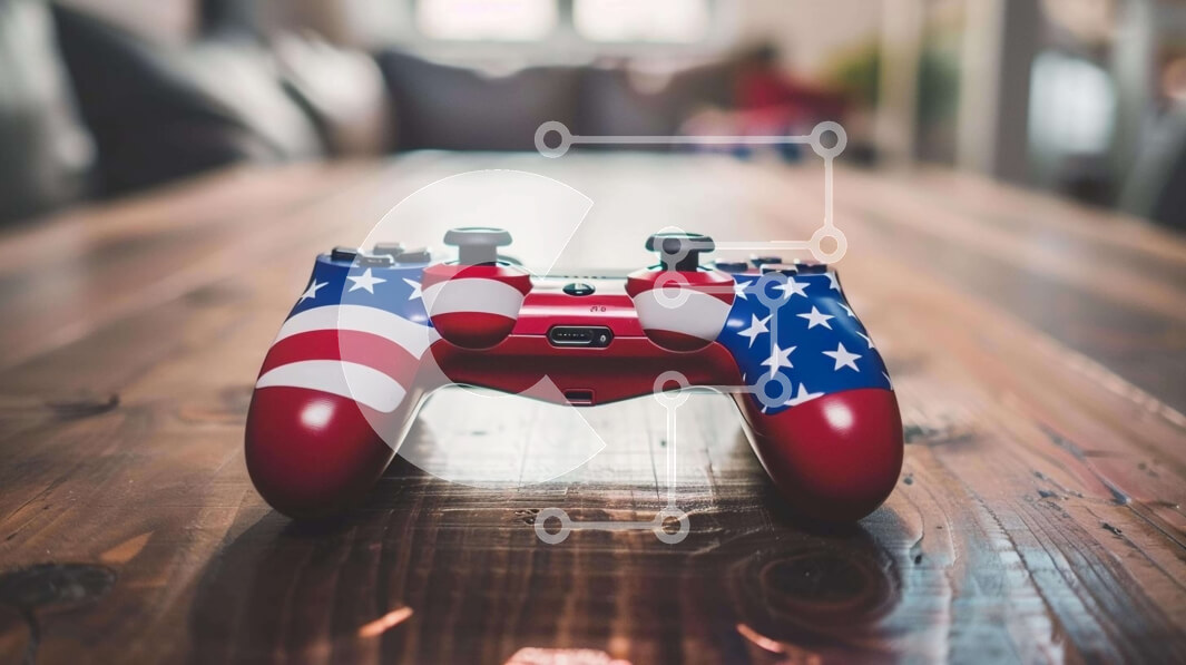 Intra Συλλεκτικό Ξύλινο Παζλ Plywood  4mm - Κόκκινο χειριστήριο βιντεοπαιχνιδιών με μοτίβο αμερικανικής σημαίας σε ξύλινο τραπέζι Σε Ξύλινο Κουτί - Διαστάσεις: 10x10 cm – 25 κομμάτια