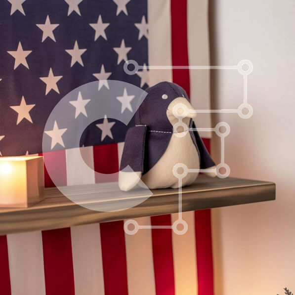 Intra Συλλεκτικό Ξύλινο Παζλ Plywood  4mm - Ξύλινο ράφι με αμερικανική σημαία και γεμιστό πιγκουίνο Σε Ξύλινο Κουτί - Διαστάσεις: 10x10 cm – 25 κομμάτια