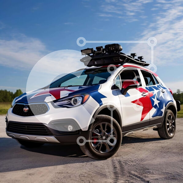 Intra Συλλεκτικό Ξύλινο Παζλ Plywood  4mm - Προσαρμοσμένο κόκκινο, λευκό και μπλε αυτοκίνητο με αμερικανική σημαία Σε Ξύλινο Κουτί - Διαστάσεις Puzzle: 10x10 cm – 25 κομμάτια