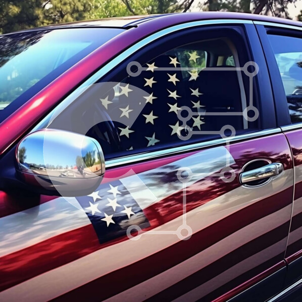 Intra Συλλεκτικό Ξύλινο Παζλ Plywood  4mm - Κόκκινο αυτοκίνητο με αμερικανική σημαία Σε Ξύλινο Κουτί - Διαστάσεις Puzzle: 10x10 cm – 25 κομμάτια