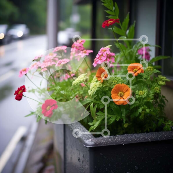 Intra Συλλεκτικό Ξύλινο Παζλ Plywood  4mm - Κουτί παραθύρου με πολύχρωμα λουλούδια στη βροχή Σε Ξύλινο Κουτί - Διαστάσεις: 10x10 cm – 25 κομμάτια